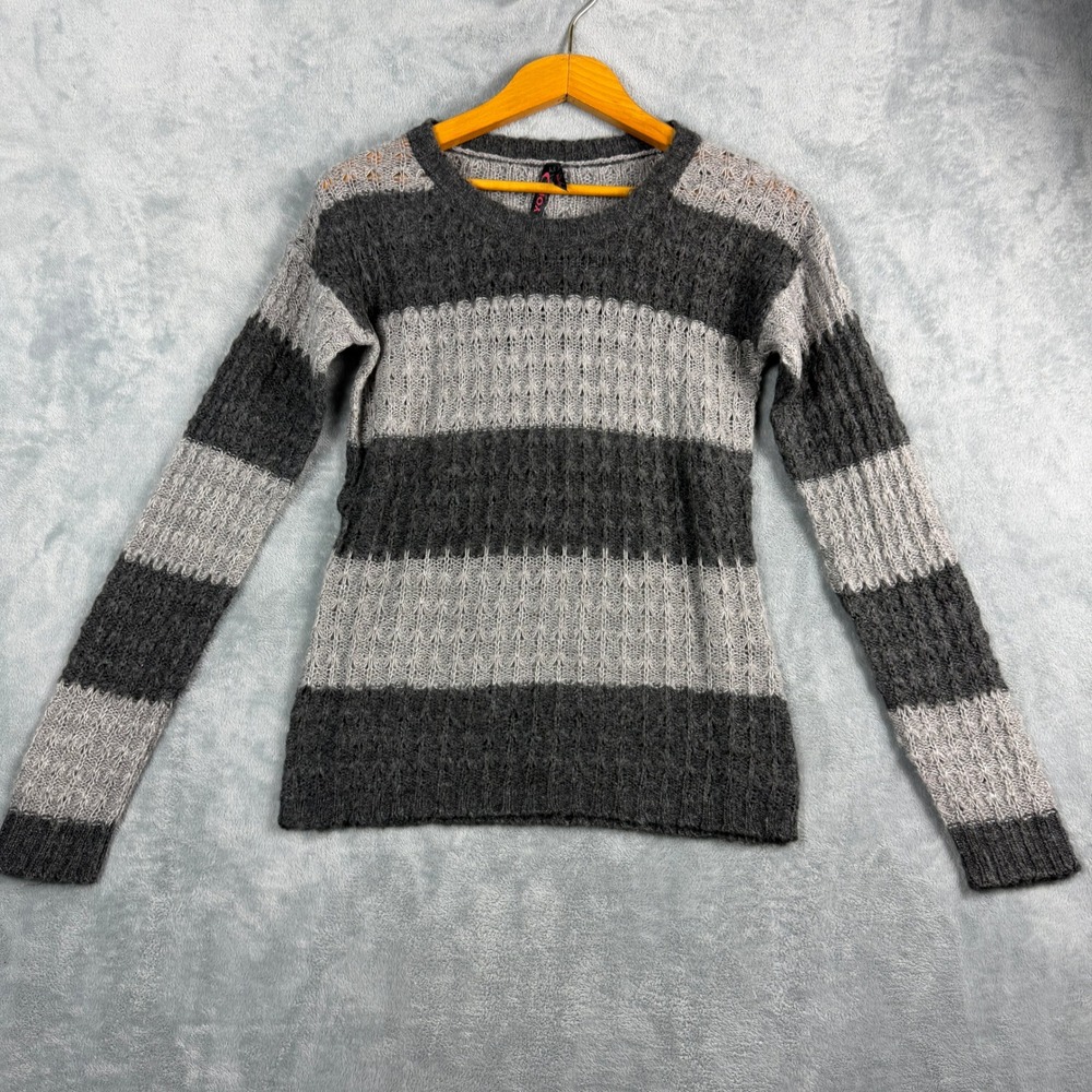 Yoki Womens Medium Gray Striped Sweater Pointelle Knit Y2K Boho Layering Top